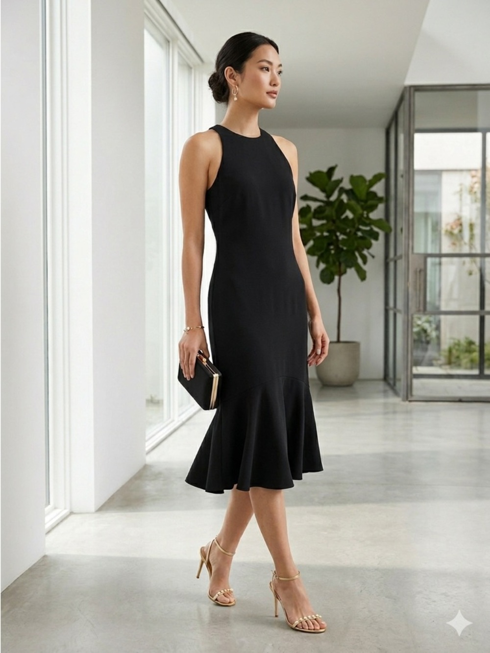 Ralph Lauren Black Halter Ruffle Hem Midi Dress - US 10 (Medium)